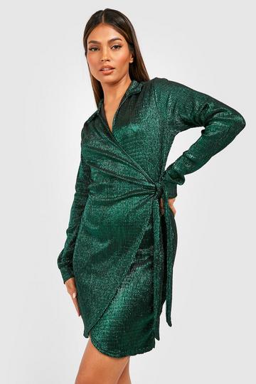Metallic Plisse Wrap Mini Party Dress emerald