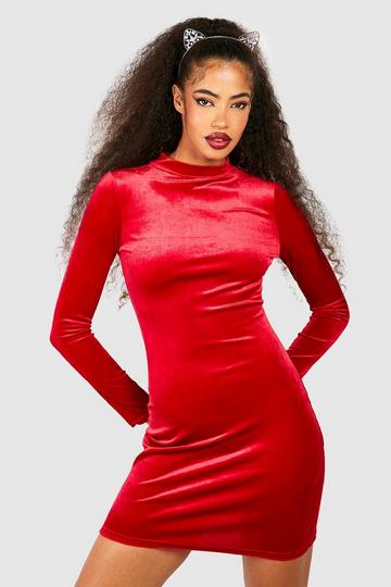 Halloween High Neck Velvet Mini Dress red