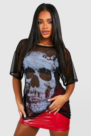 Halloween Skull Printed Mesh Oversized T-shirt black