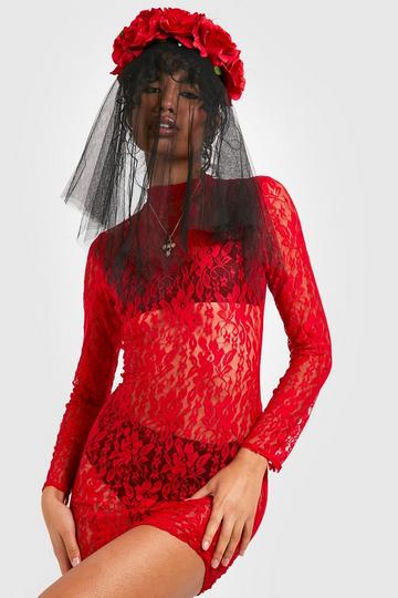 Red Halloween Lace High Neck Mini Dress