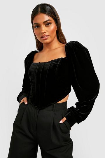 Velvet corset top with puff sleeves Black RC23W092A001 - buy at