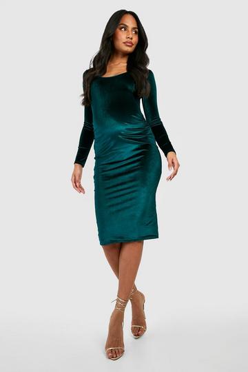 Green Maternity Scoop Neck Velvet Midi Dress
