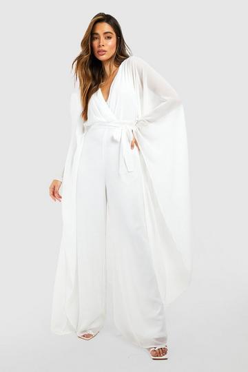 Chiffon Wrap Cape Sleeve Jumpsuit white