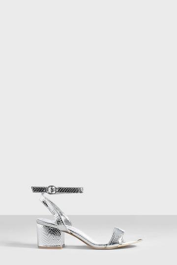Grey Metallic Snake Low Block Barely There Heels