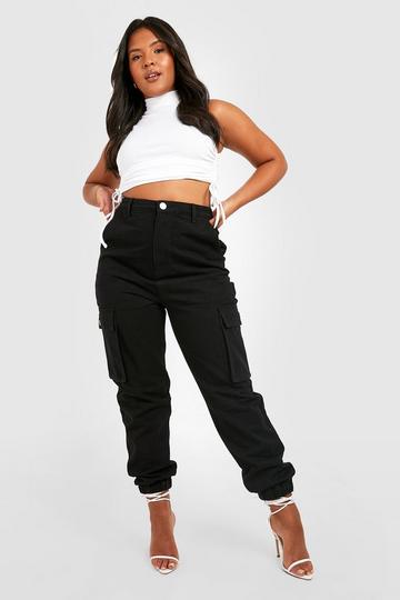 Plus High Waisted Denim Cargo Joggers black