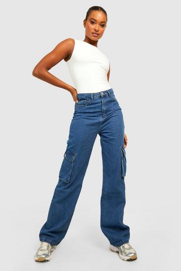 Tall High Waisted Straight Fit Cargo Jeans mid wash