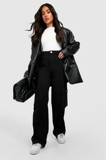 Petite High Waisted Straight Fit Cargo Jeans black