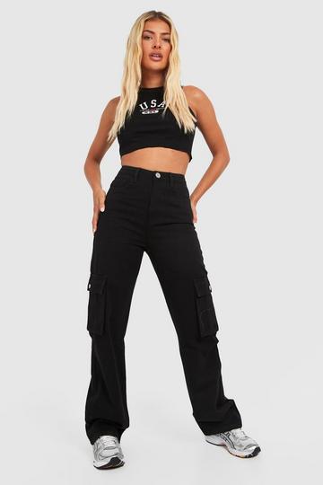 High Waisted Straight Fit Cargo Jeans black