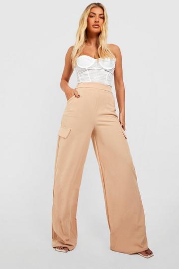 Beige High Waisted Crepe Cargo Wide Leg Trousers