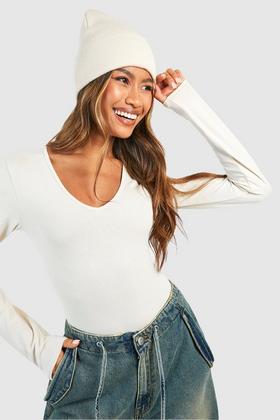 Missguided ribbed long sleeve crop top in tan