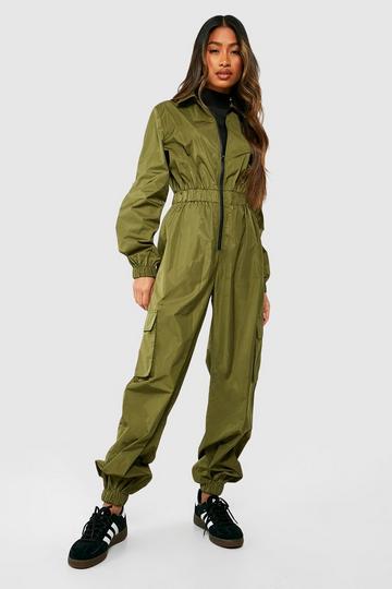 Green Zip Up Cargo Utility Shell Jumpsuit
