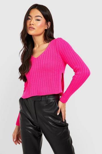 Curve Hem Side Split Rib Knit Top hot pink