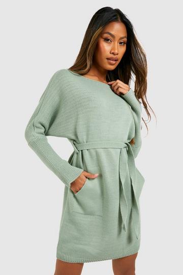 Sage Green Belted Knitted Mini Dress