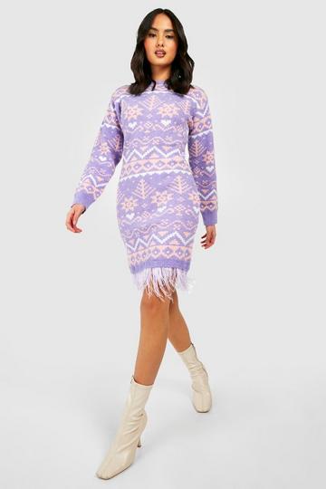 Premium Feather Trim Christmas Sweater Dress lilac