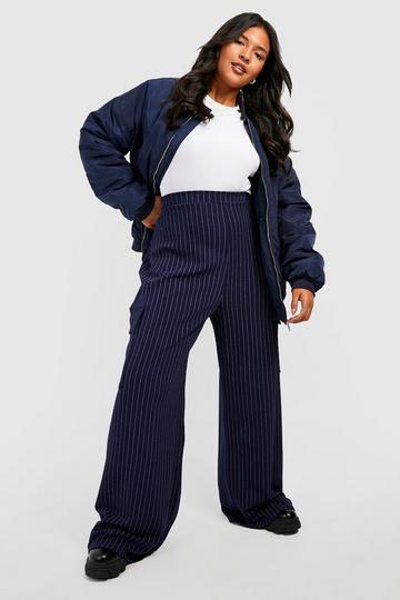 Plus Pinstripe Wide Leg Cargo Trouser navy
