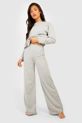 DOUBLE WAIST WIDE LEG FLANNEL PANTS - Gray marl