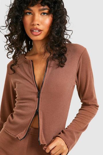 Ribbed Zip Front Top chocolate