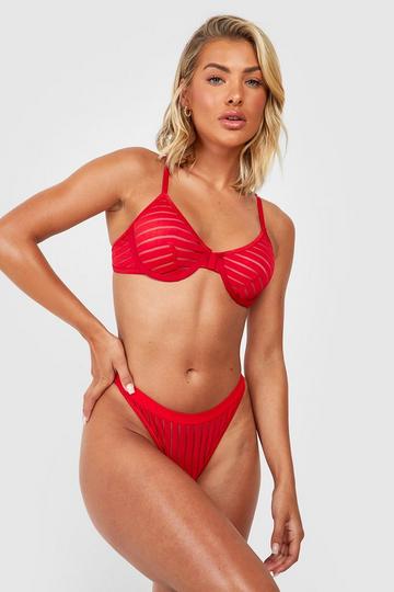 Red Stripe Mesh Underwire Bra & Thong Set
