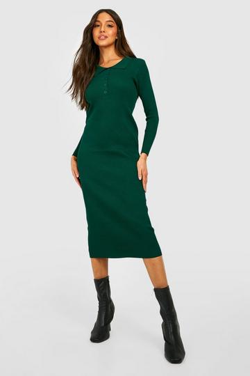 Polo Collar Rib Knitted Midaxi Dress forest