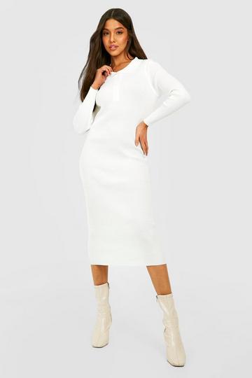 Polo Collar Rib Knitted Midaxi Dress ivory