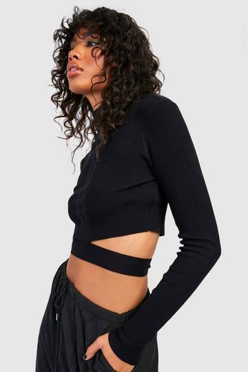 High Neck Wraparound Rib Knit Top black
