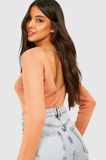 Chain Detail Rib Knit Top camel