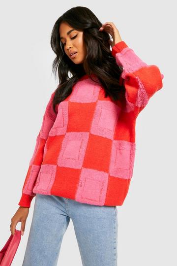 Textured Check Oversized Jumper red
