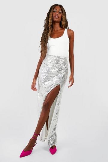 Silver Side Split Sequin Maxi Skirt