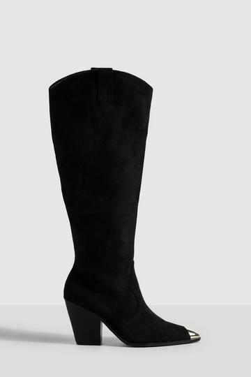 Knee High Toe Cap Pull On Western Cowboy Boots black