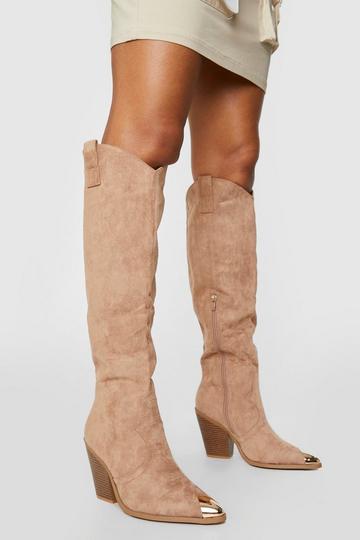 Knee High Toe Cap Pull On Western Cowboy Boots sand