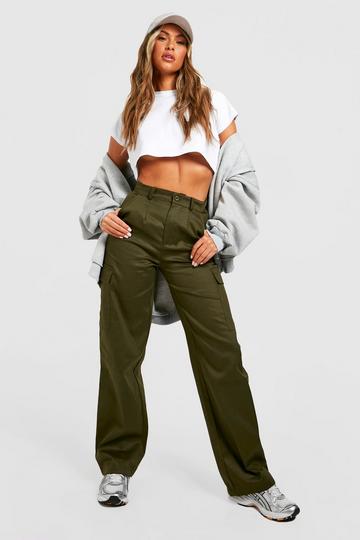 Petite High Waisted Straight Leg Cargo Trousers khaki