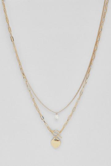 Polished Heart Charm T Bar Double Layer Necklace gold