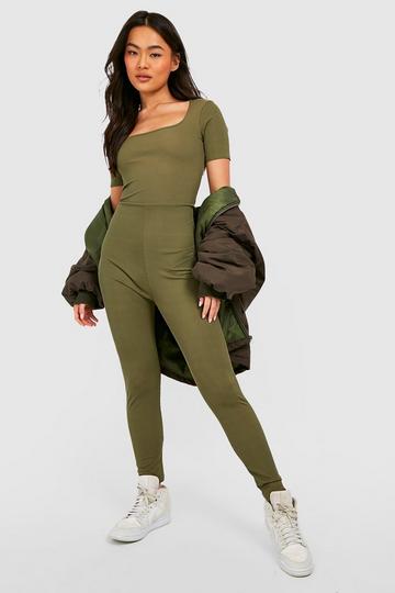 Khaki Basic Square Neck Cap Sleeve Rib Jumpsuit