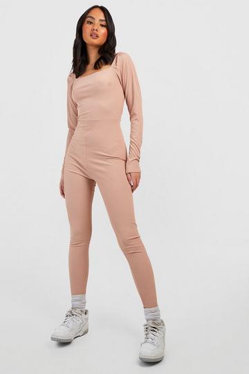 Basic Square Neck Rib Long Sleeve Unitard Jumpsuit stone