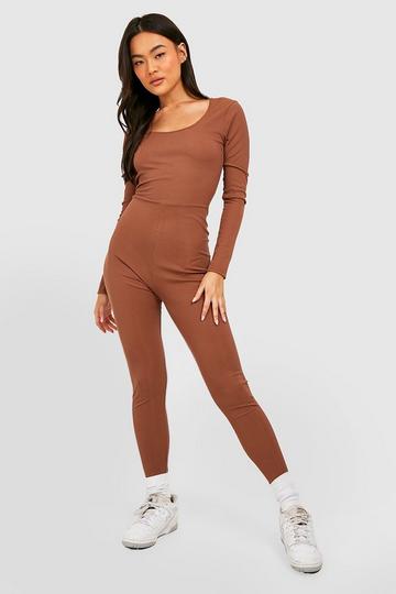 Basic Scoop Neck Rib Long Sleeve Unitard Jumpsuit chocolate