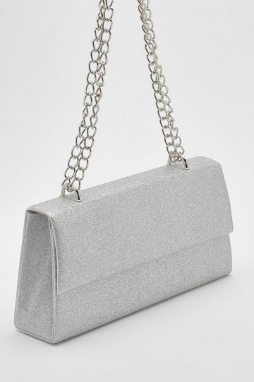 Silver Glitter Chain Strap Metallic Clutch Bag