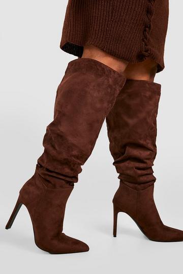 Wide Calf Ruched Detail Knee High Boots chocolate