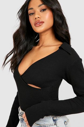 Black Rib Knit Collar Wrap Bodysuit