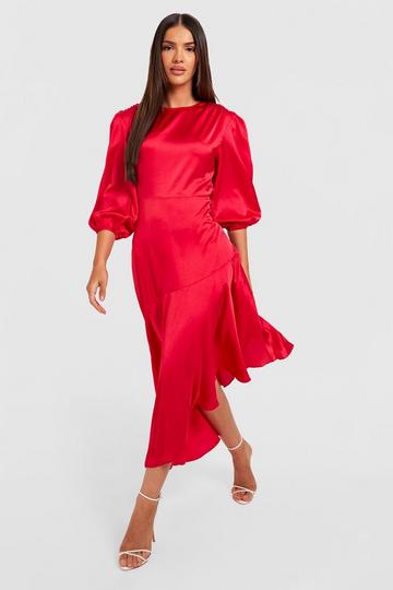 Red Satin Puff Sleeve Ruffle Hem Midi Dress