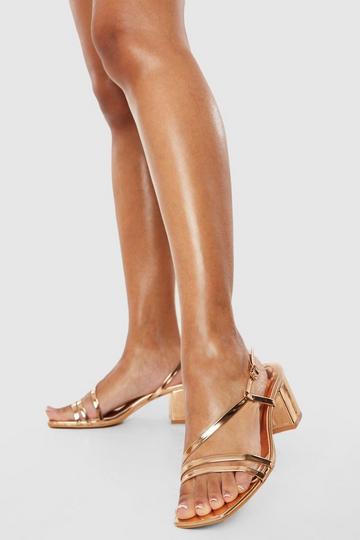 Gold Metallic Wide Fit Asymmetric Strap Low Block Heels