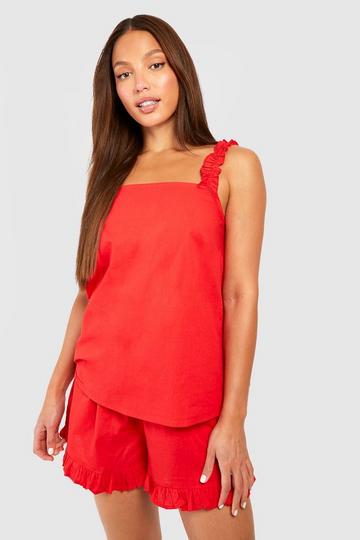 Tall Cotton Ruched Cami & Short Pj Set red