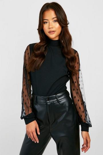 Polka Dot Mesh Sleeve High Neck Bodysuit black