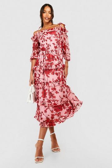 Tall Floral Dobby Cold Shoulder Tiered Midi Skater Dress pink