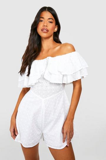 White Tall Off The Shoulder Blur Floral Ruffle Eyelet Flippy Romper