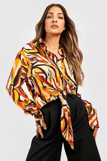 Printed Tie Front Crop Shirt stone