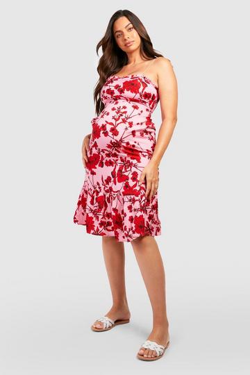 Pink Maternity Strappy Frill Hem Midi Dress