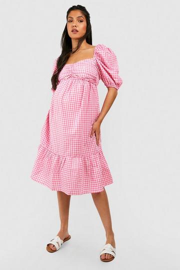 Maternity Embroidered Flower Gingham Midi Dress pink