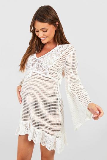 Maternity Crochet Lace Trim Beach Dress ivory