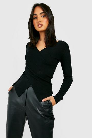 Black Wrap Rib Knit Top