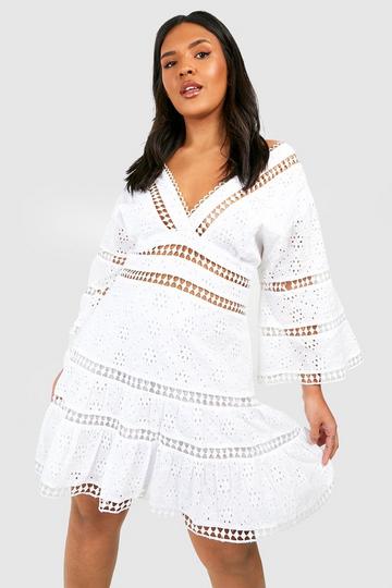 Plus Broderie Tiered Smock Dress white